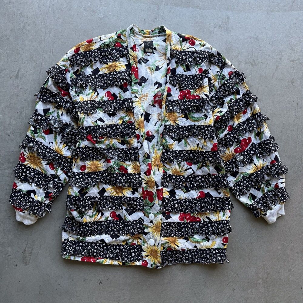Vintage 80s Paula Sweet Sz L Cardigan Sweater Muslin Mink Boho Art Unique Fringe